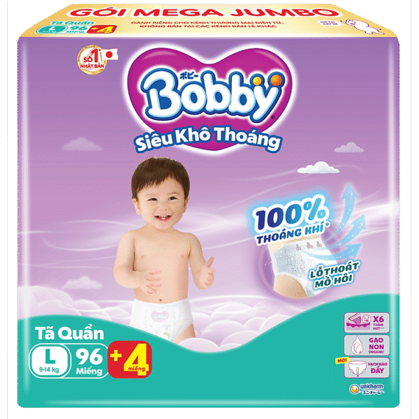 [TẶNG KÈM 4 MIẾNG] Tã quần Bobby Siêu Khô Thoáng - 100% Thoáng Khí Mega Jumbo - L96