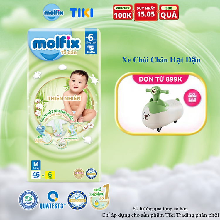 Tã/bỉm dán Molfix Thiên nhiên Jumbo M (6kg – 11kg) – Gói 46+6 miếng