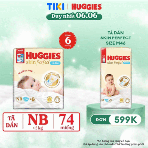 Tã/bỉm dán sơ sinh Huggies Skin Perfect NB 70+4 miếng với 2 vùng thấm giảm kích ứng da