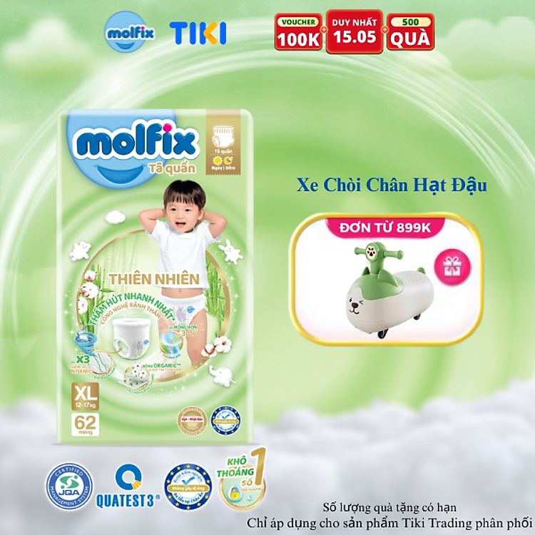 Tã quần thiên nhiên Molfix Ultra XL (12kg – 17kg) Gói 62 miếng