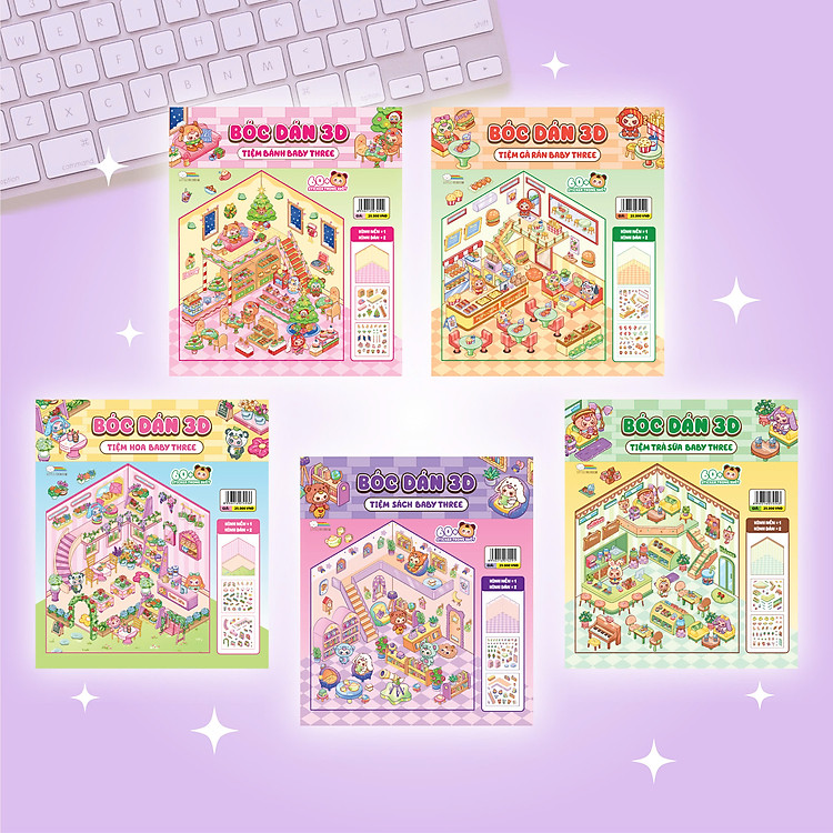 Combo 5 Cuốn Bóc dán 3D Tiệm Hoa Baby Three (Đồ chơi bóc dán 300+ Sticker cho bé)