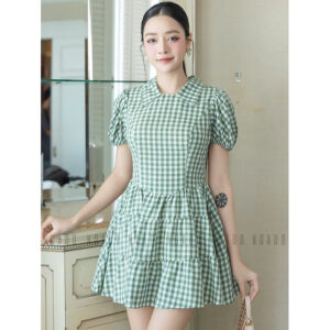 Đầm caro xanh cổ sơ mi NGADO , đầm kẻ caro , đầm kiểu Nữ