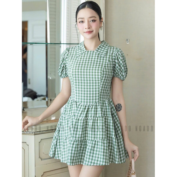 Đầm caro xanh cổ sơ mi NGADO , đầm kẻ caro , đầm kiểu Nữ
