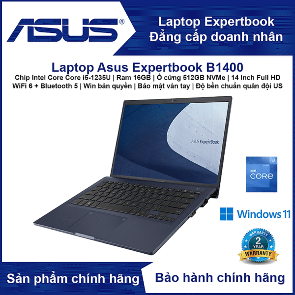 Máy vi tính Laptop Asus ExpertBook B1400 (Chip Intel Core i5-1235U | RAM 16GB | SSD 512GB NVMe | 14' Full HD | Bảo mật vân tay | Bảo mật TPM 2.0 | Độ bền chuẩn quân đội US) -...