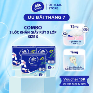 [MUA 3 LỐC SIZE S TẶNG 3 GÓI SIZE S ] Khăn giấy rút cao cấp Vinda Deluxe 3 lớp 50 tờ size S (4 Gói)