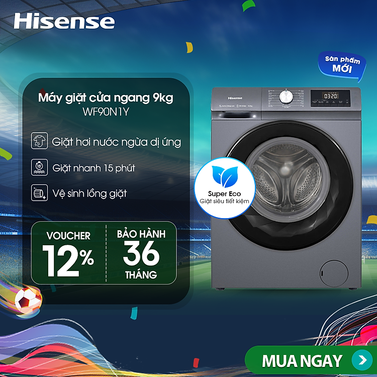 |SP MỚI| Máy giặt Hisense Inverter 9kg WF90N1Y Giặt Hơi Nước Diệt Khuẩn, Lắp Đặt Toàn Quốc – HÀNG CHÍNH HÃNG